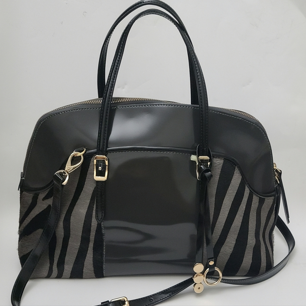 NWOT AB Asia Bellucci leather top handle satchel bag with faux fur, Italy